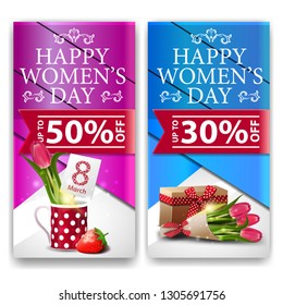 Women's day discount banners with cupcake, raspberry berries, rose and calendar