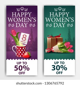 Women's day discount banners with cupcake, raspberry berries, rose and calendar