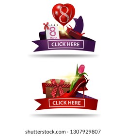Women's day discount banners with cupcake, raspberry berries, rose and calendar
