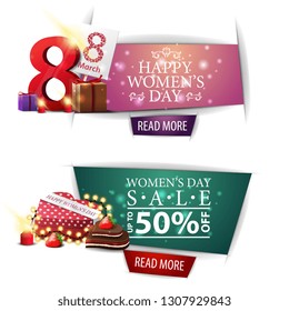 Women's day discount banners with cupcake, raspberry berries, rose and calendar