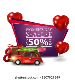 Women's day discount banners with cupcake, raspberry berries, rose and calendar