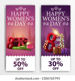 Women's day discount banners with gifts, Tulip and garland
