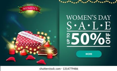 Women's day discount horizontal modern banner with candle, rose petal, button and gift in the shape of a heart
