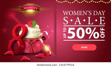 Women's day discount horizontal modern banner with candle, rose petal, button, cupcake and raspberry berries