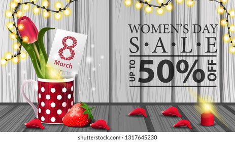 Women's day discount horizontal modern banner on wood background with garland and tulip in a mug