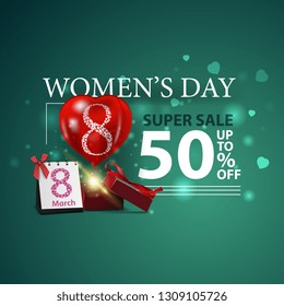 Women's day discount modern green banner with gift and balloon