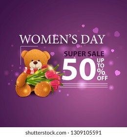 Women's day discount modern purple banner with Teddy bear with a bouquet of tulips
