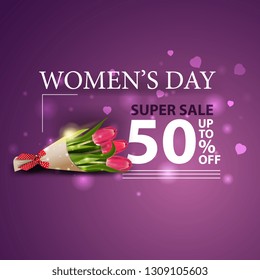 Women's day discount modern purple banner with bouquet of tulips