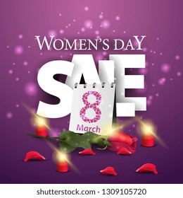 Women's day discount modern purple banner with the big letters "sale", rose and calendar