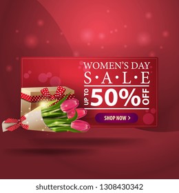 Women's day discount modern red banner with bouquet of tulips