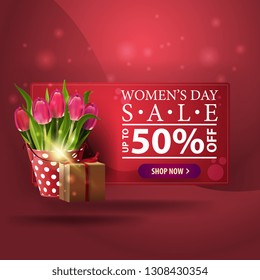 Women's day discount modern red banner with bucket with tulips and gift