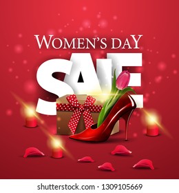 Women's day discount modern red banner with the big letters "sale" and women's Shoe with tulips inside