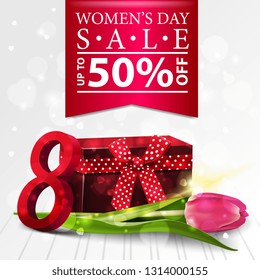 Women's day discount modern white banner with gift and Tulip