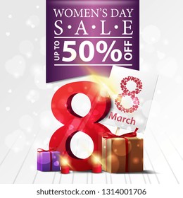 Women's day discount modern white banner with gifts with the number eight