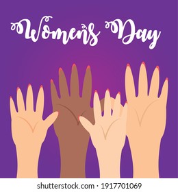 womens day, diverse female raised arms in cartoon style vector illustration