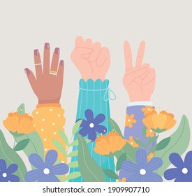 womens day, diverse hands up female, girl power, flowers decoration vector illustration vector illustration