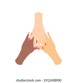 womens day, diversity female hands together in cartoon style vector illustration