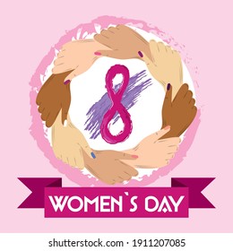 womens day, diversity hands together and ribbon vector illustration