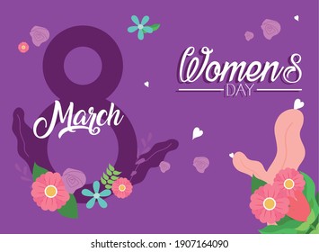 Womens day eight march with flowers on purple background design of Woman empowerment theme Vector illustration