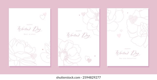 Women's Day elegant greeting card set. Continuous line rose flower illustrations in minimalistic style simple design. Floral vertical template in vector