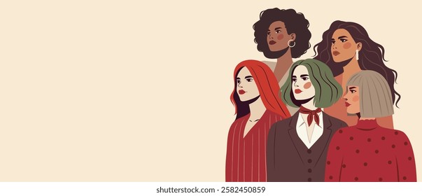 Women's day, equality day. Beautiful different women of different skin colors and hairstyles stand together, symbol of women's strength and freedom. Vector banner with space for text 