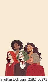 
Women's day, equality day. Beautiful different women of different skin colors, cultures stand together, symbol of women's power, freedom. Illustration with space for text for women's holidays