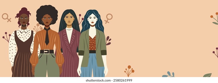 Women's Day. Equality Day. Beautiful women of different skin colors and cultures, symbol of strength and empowerment of women. Vector banner with space for text for women's holidays and projects