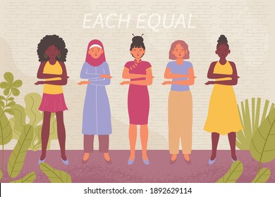 Womens Day Equality Concept With Diverse Nationality Female Characters Flat Vector Illustration