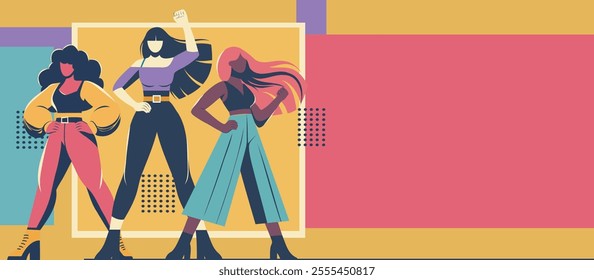 Women's Day. Women's Equality Day. Different women symbolize the fight for women's rights. Woman raises her hand up with a clenched fist, Bright vector illustration with space for text. 