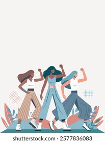 Women's day. Equality day. Different women, different cultures and skin colors stand together and look forward. Feminism. Gender equality and women's empowerment. Vector banner with space for text