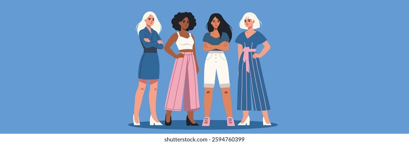 Women's Day. Equality Day. Different women stand together in protest, fighting for gender equality and women's empowerment. Vector banner with space for text for women's projects