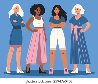 Women's Day. Equality Day. Different women stand together in a protest pose, fighting for gender equality and women's empowerment. Vector banner. Suitable for women's projects