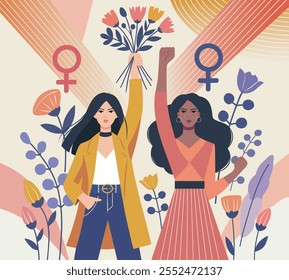 Dia da Mulher. Dia da Igualdade. Feminismo. Ilustração plana vetorial, duas mulheres com flores e mãos levantadas, simbolizam liberdade e força. Igualdade entre homens e mulheres, proteção dos direitos das mulheres