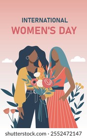 Dia da Mulher. Dia da Igualdade. Feminismo. Ilustração plana vetorial, duas mulheres com flores se levantam juntas, simbolizam liberdade e força. Igualdade entre homens e mulheres, proteção dos direitos das mulheres