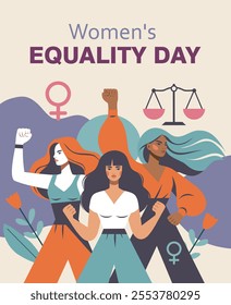 Women's day. Women's equality day. Feminism. Vector flat illustration of different women standing together in solidarity, strength and unity. For women empowerment, protection 