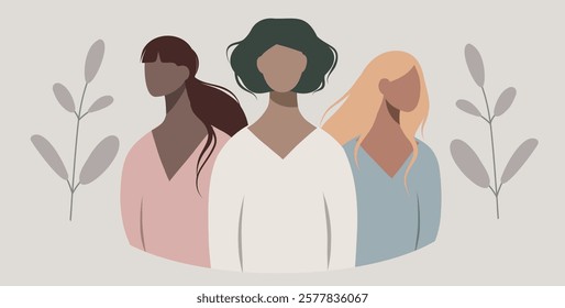 Women's Day. Equality Day. March 8. Illustration in soft pastel palette. Women of different skin colors stand together and look forward. Feminism. Gender equality and women's empowerment