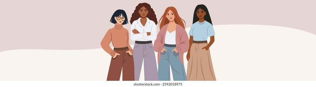 Women's Day. Equality Day. March 8. Women of different skin colors, cultures stand together for freedom, empowerment and women's rights. Vector illustration with space for text for women's projects