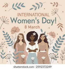 Women's Day. Equality Day. March 8. Women of different skin colors, cultures stand together for freedom, empowerment and women's rights. Vector illustration in soft pastel colors for women's projects