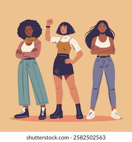 Women's day, equality day, women's month. Feminist women group. Strong women of different skin colors and cultures stand together in different protest poses for freedom and women empowerment. Vector 