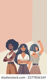 Women's day, equality day, women's month. Vector illustration of a feminist. Women of different skin colors and nationalities stand together in protest poses, gender equality and women's empowerment