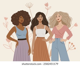 Women's Day, Equality Day, Women's Month. Vector illustration of a feminist. Women of different skin colors and ethnicities stand together in protest poses for freedom and empowerment