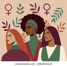 Women's day, equality day, women's month. Women of different skin colors, nationalities and cultures stand together for freedom and empowerment. Vector flat illustration