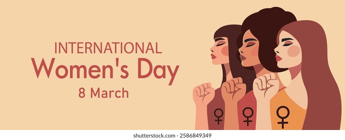 Women's day, equality day. Portraits of ethnically diverse women, hairstyles in a protest pose with hand in a fist. Gender equality, women empowerment. Vector horizontal banner with space for text