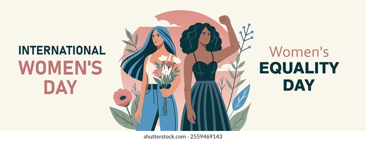 Women's day. Equality day. Vector banner two different women with flowers and protest gesture symbolizes gender equality and the fight for empowerment. Suitable for women's holidays, website, poster