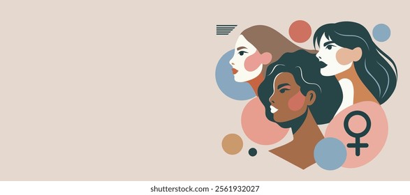 Women's Day. Equality Day. Vector banner with space for text, portrait silhouette of three women symbolizes femininity, protection and freedom. Suitable for women's holidays, website, social networks