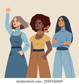 Women's Day. Equality Day. Vector banner. Different women standing together in a protest pose, fighting for gender equality and women's empowerment. Suitable for women's projects