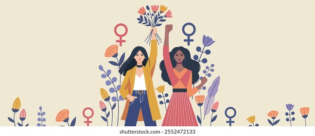 Women's day. Equality day. Vector flat banner with space for text, two women with flowers and hands raised up, symbolize freedom and strength. Feminism, gender equality, protection of women's rights