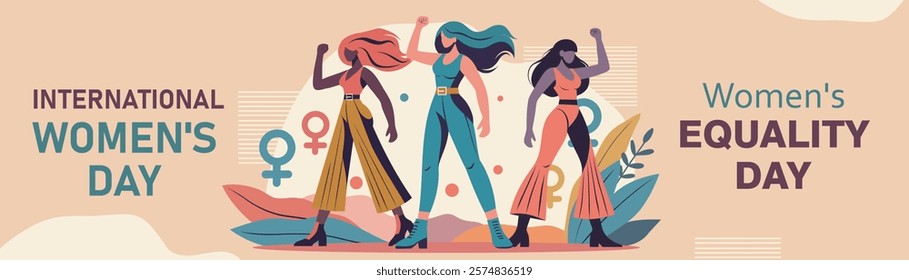 Women's day, equality day. Vector illustration postcard three strong confident women of different nationalities stand together. Symbol of feminism, equality and empowerment