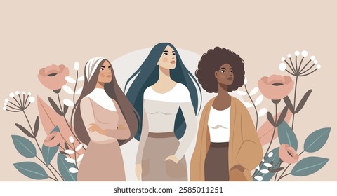 Women's day. Equality day. Vector illustration. Different women standing together on a background of flowers, fighting for freedom, gender equality and women's empowerment. For women's projects