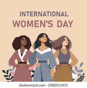 Women's day. Equality day. Vector illustration, place for text. Different women together, fighting for freedom, gender equality, fight for women's empowerment. Suitable for women's projects